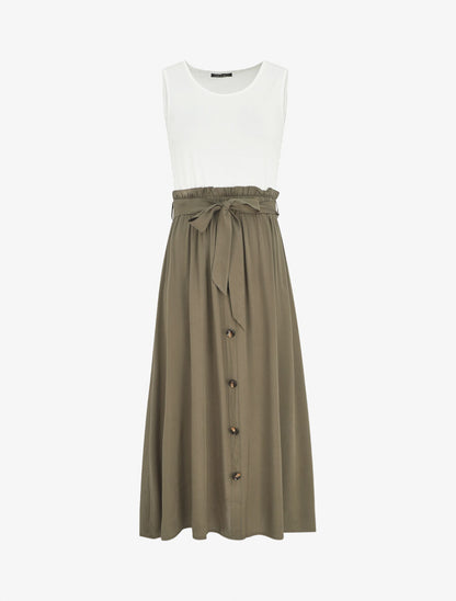 Robe longue évasée sans manches bicolore - Kaki - 1