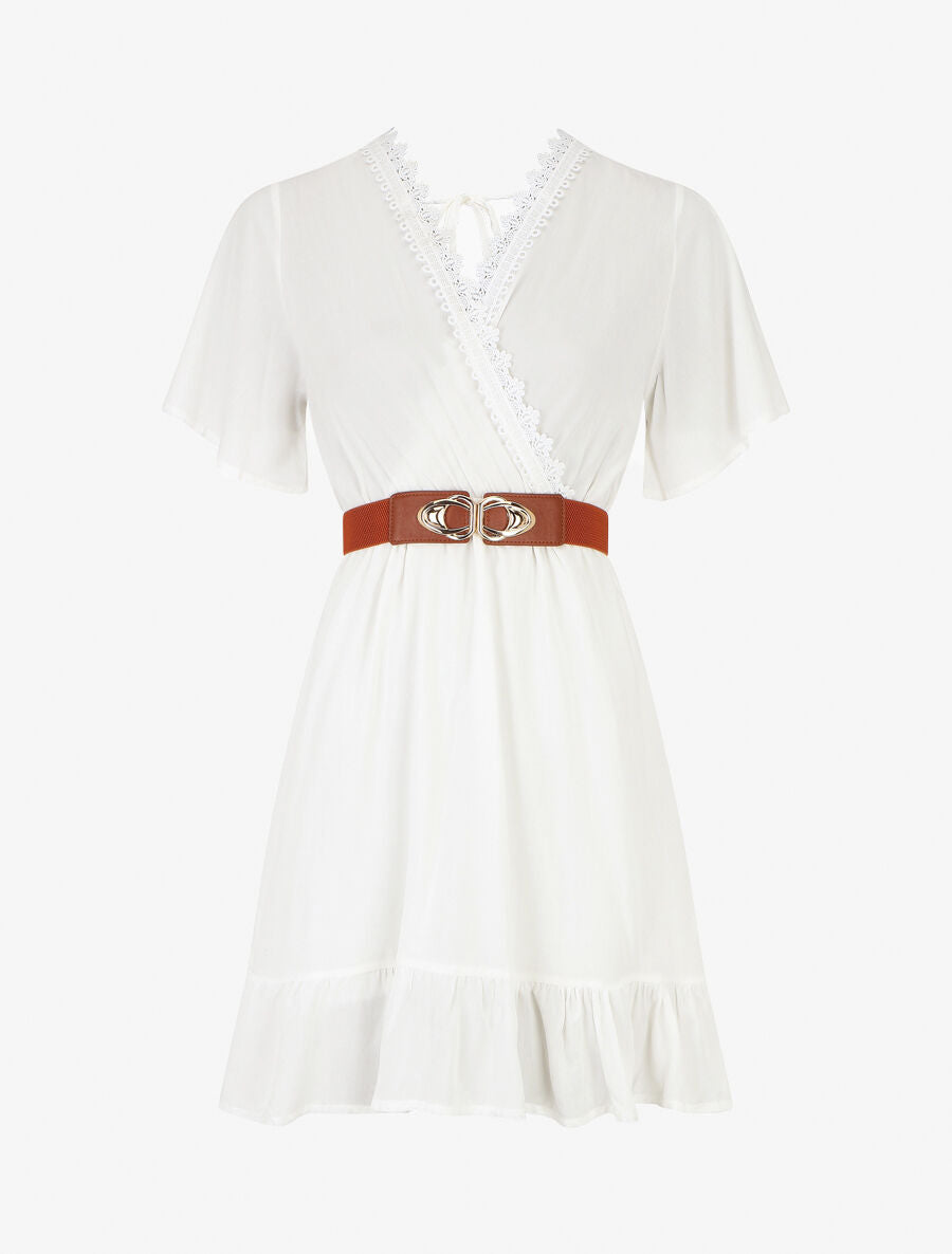 Robe courte unie col dentelle et bords volantés - Blanc - 1