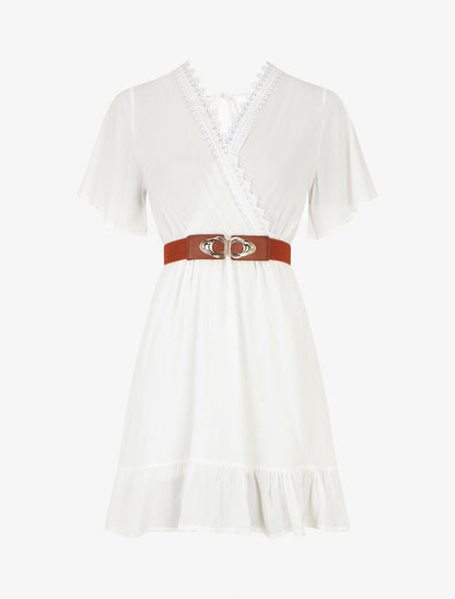 Robe courte unie col dentelle et bords volantés - Blanc - 1