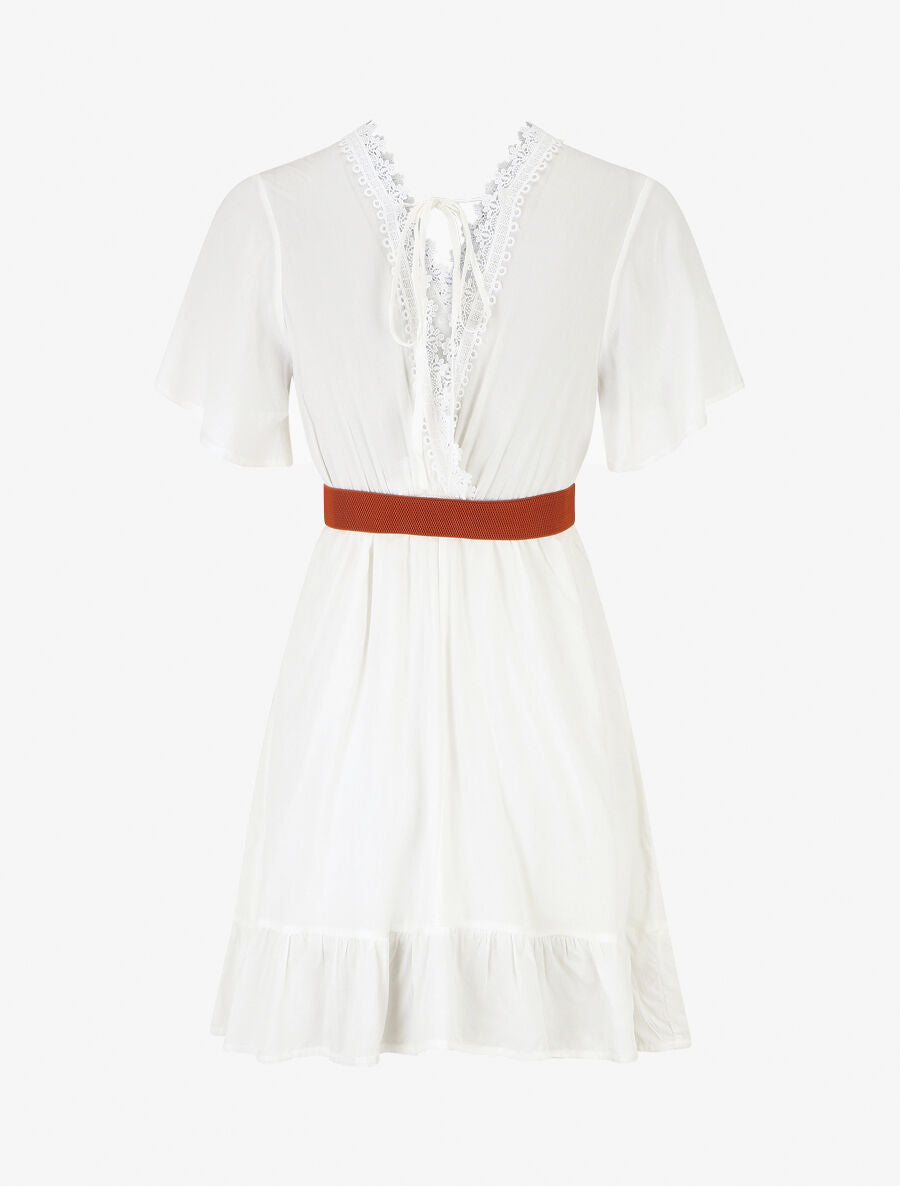 Robe courte unie col dentelle et bords volantés - Blanc - 2
