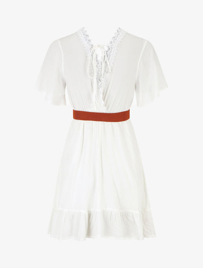 Robe courte unie col dentelle et bords volantés - Blanc - 2