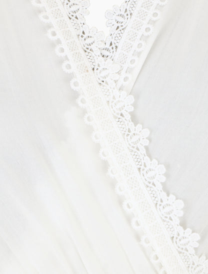 Robe courte unie col dentelle et bords volantés - Blanc - 3