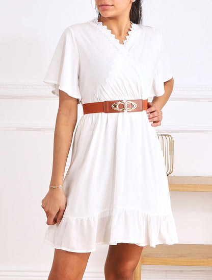Robe courte unie col dentelle et bords volantés - Blanc - 4