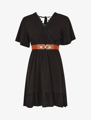 Robe courte unie col dentelle et bords volantés - Noir - 4