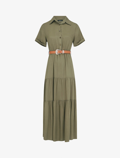 Robe longue unie à taille élastiquée - Kaki - 1