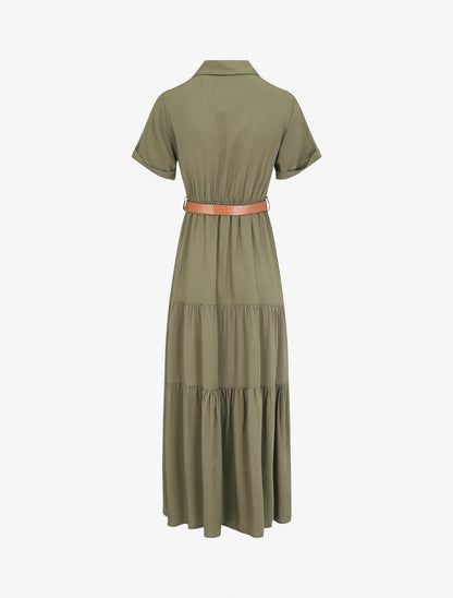 Robe longue unie à taille élastiquée - Kaki - 2