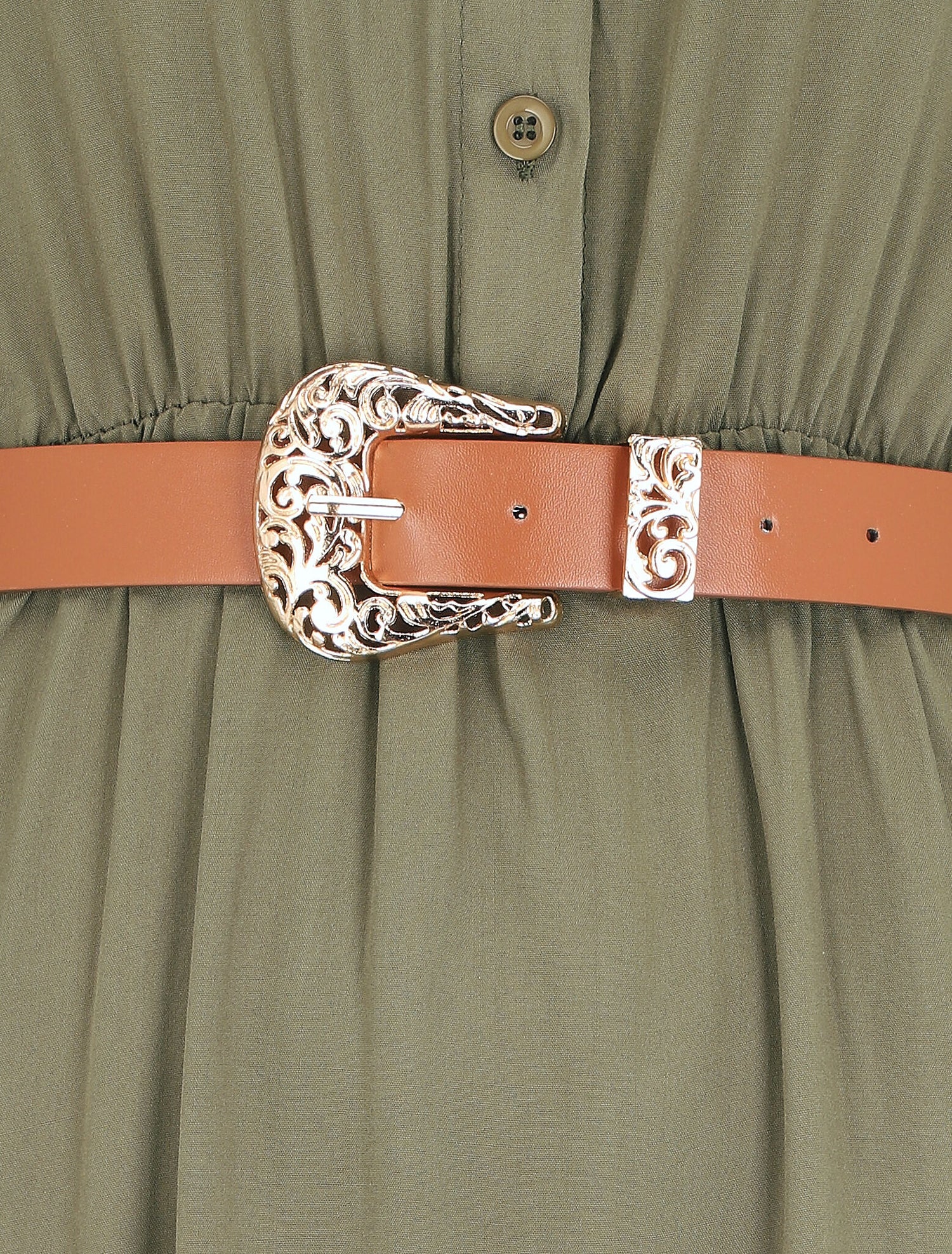 Robe longue unie à taille élastiquée - Kaki - 3