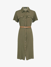 Robe chemise droite mi-longue manches courtes - Kaki - 1