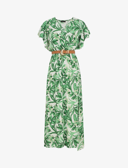 Robe longue manches courtes imprimé floral - Vert - 1