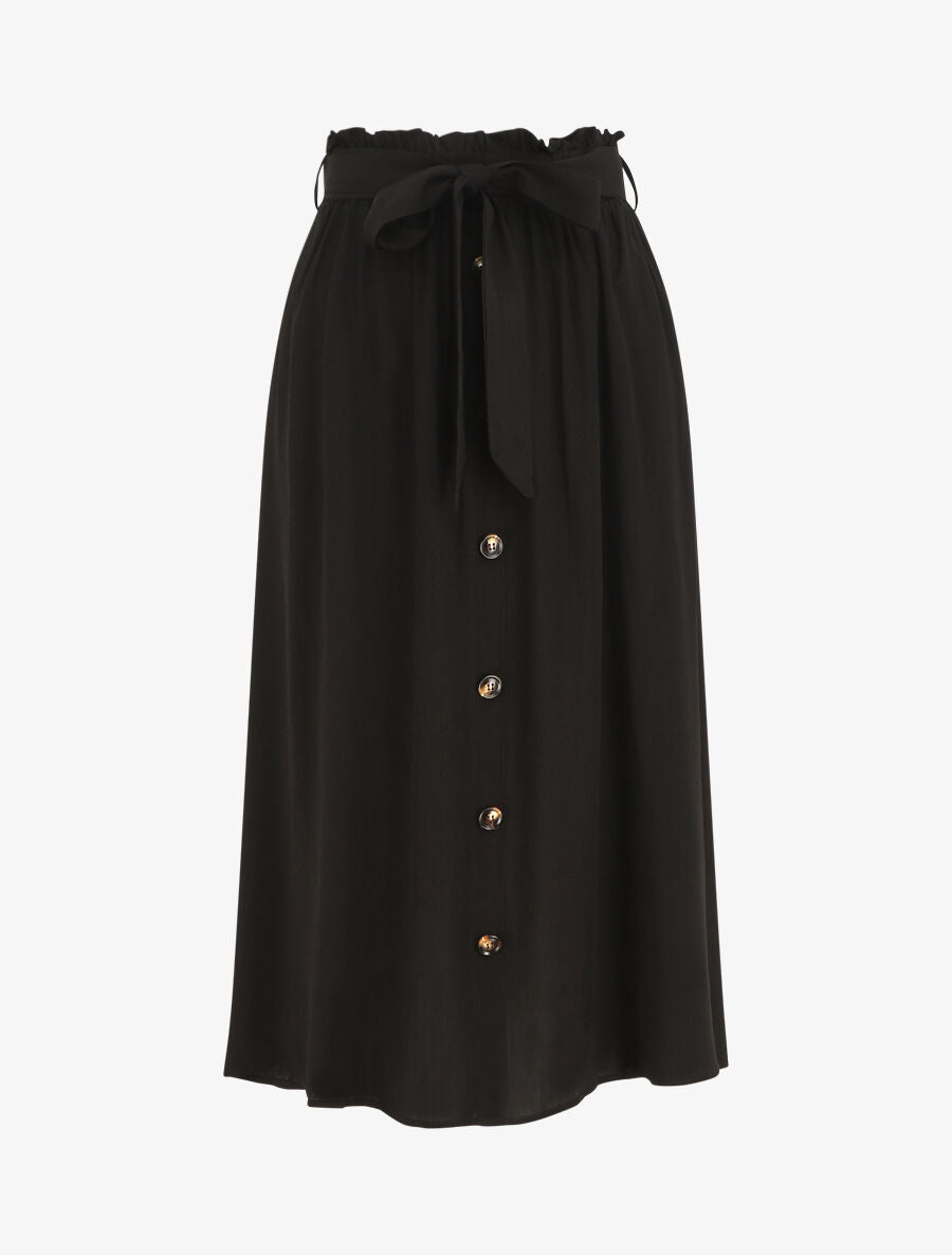 Jupe midi unie évasée à boutons - Noir - 4