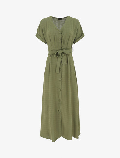 Robe longue unie ceinturée - Kaki - 1