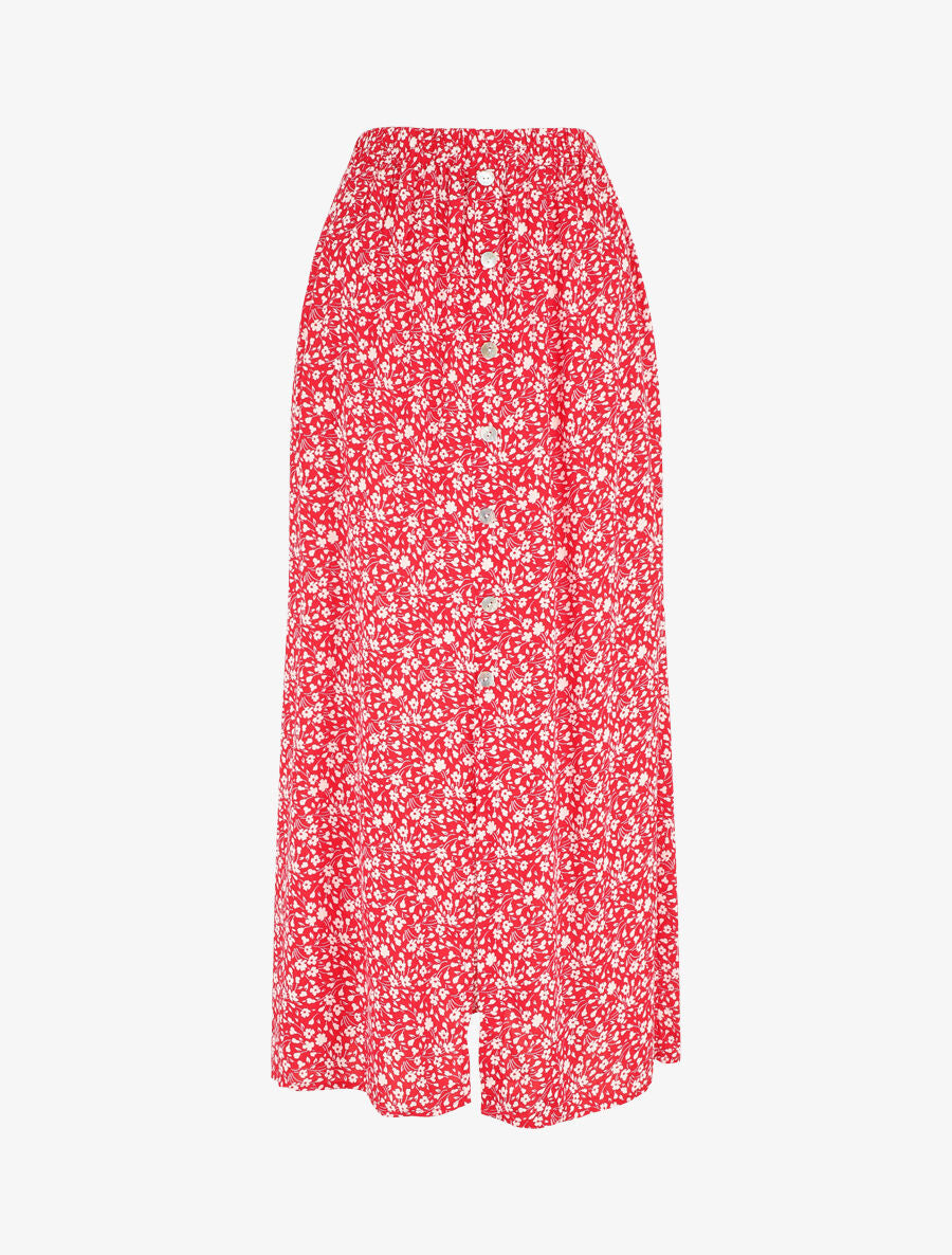 Jupe midi fleurie évasée à boutons - Rouge - 1