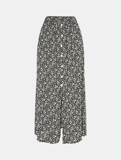 Jupe midi fleurie évasée à boutons - Noir - 1