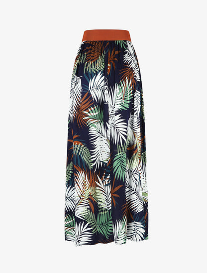 Jupe longue évasée imprimé tropical - Marine - 2