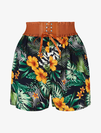 Short à taille haute style corset imprimé floral - Marine - 1