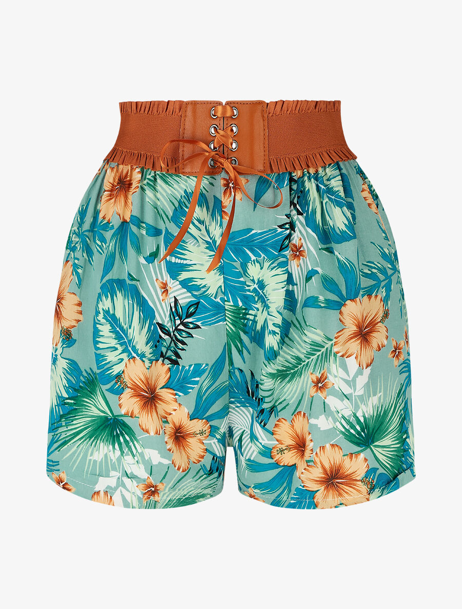 Short à taille haute style corset imprimé floral - Vert - 1