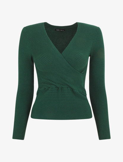 Pull côtelé uni à col cache-coeur - Vert - 4