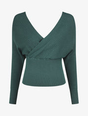 Pull côtelé ajusté col cache-coeur - Vert foncé - 4