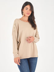 Pull fin à col rond et boutons décoratifs - Beige - 1