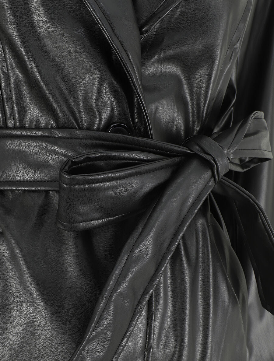 Veste longue en simili coupe droite - Noir - 3