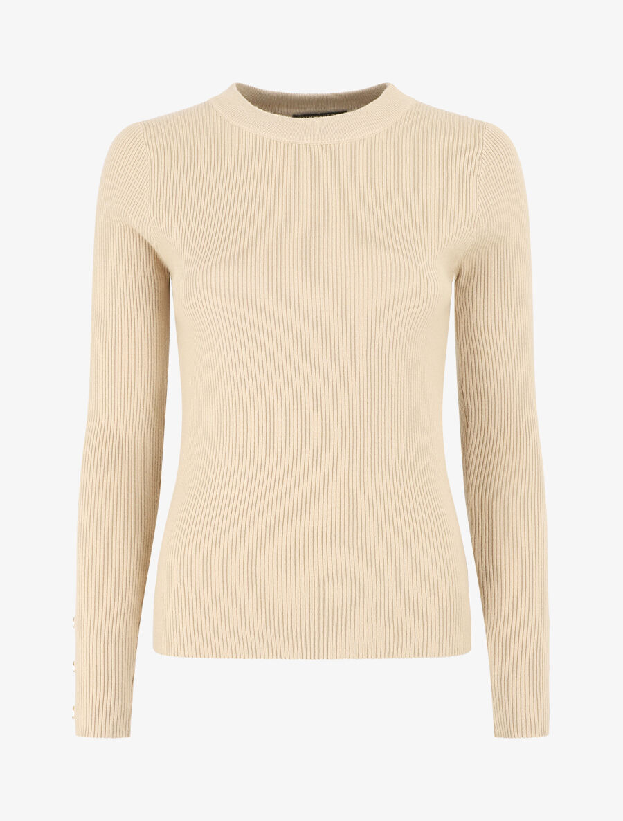 Pull côtelé à boutons décoratifs aux manches - Beige - 1