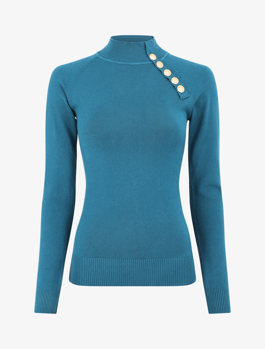 Pull fin uni et boutons décoratifs - Bleu canard - 1