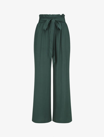Pantalon fluide uni à taille élastiquée - Vert sapin - 1