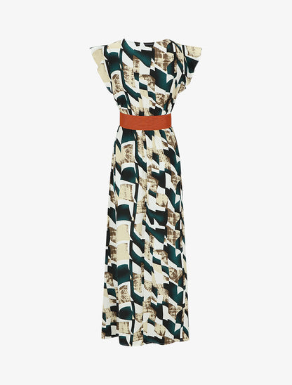 Robe imprimé graphique à manches courtes volantées - Vert - 2