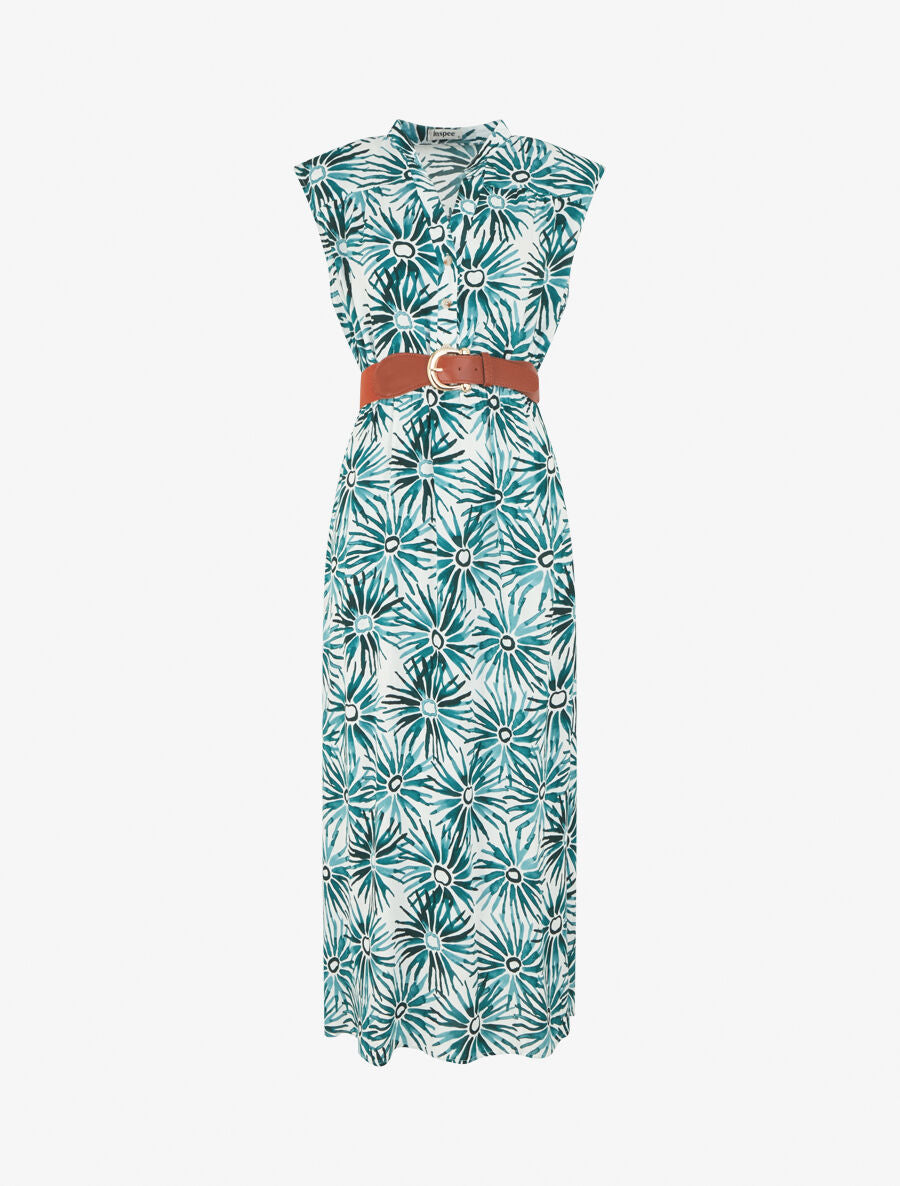 Robe évasée à boutons imprimé fleuri - Vert - 1