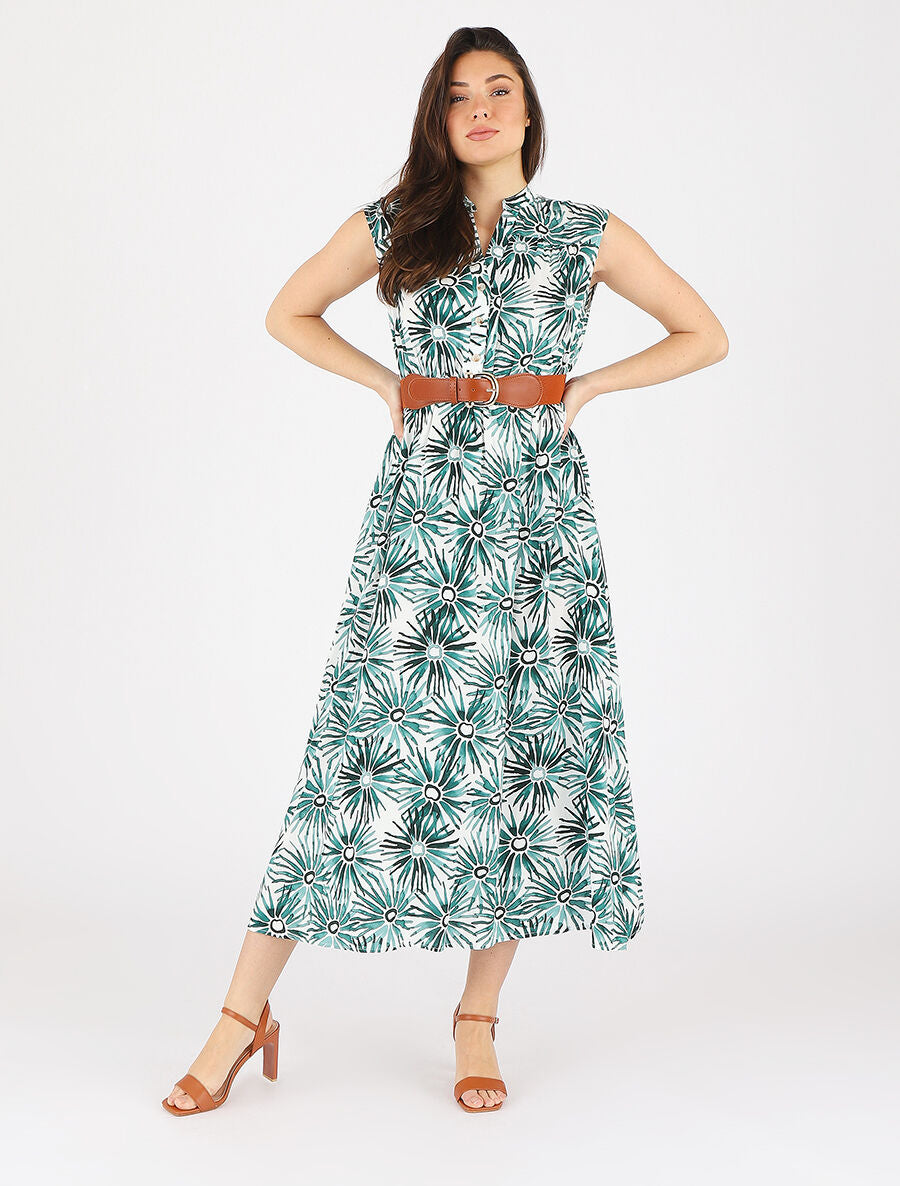 Robe évasée à boutons imprimé fleuri - Vert - 4