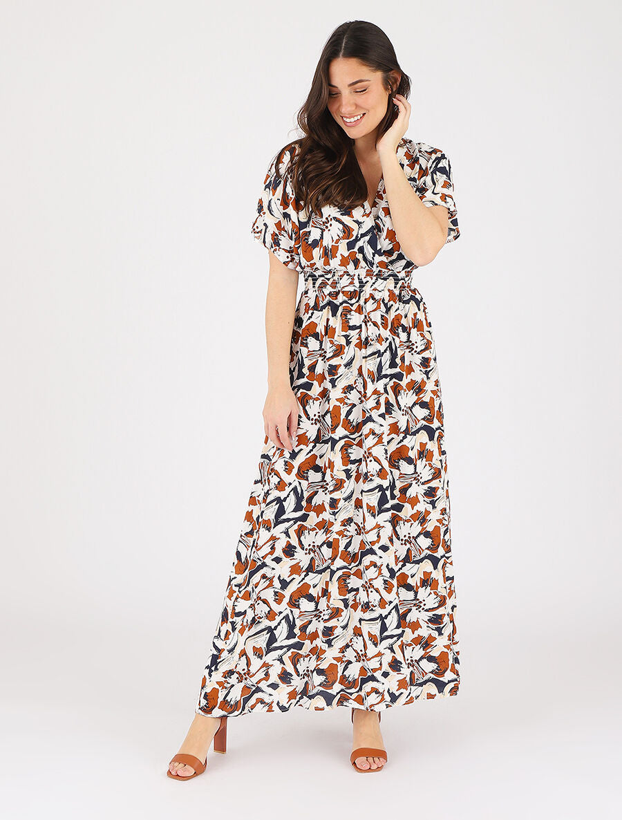 Robe longue manches courtes imprimé tropical - Marine - 4