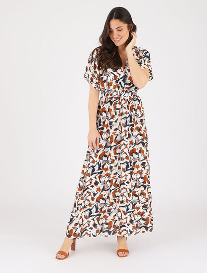 Robe longue manches courtes imprimé tropical - Marine - 4