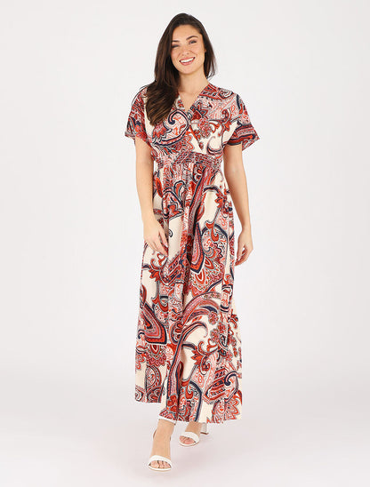 Robe longue manches courtes imprimé cachemire - Rouge - 4