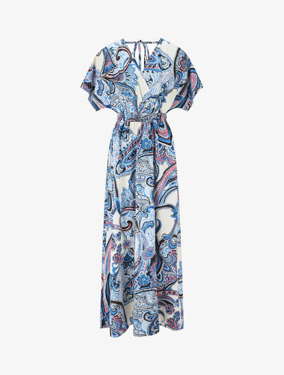 Robe longue manches courtes imprimé cachemire - Bleu - 5