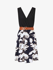 Robe mi-longue sans manches imprimé tropique - Marine - 1
