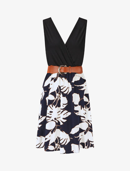 Robe mi-longue sans manches imprimé tropique - Marine - 5