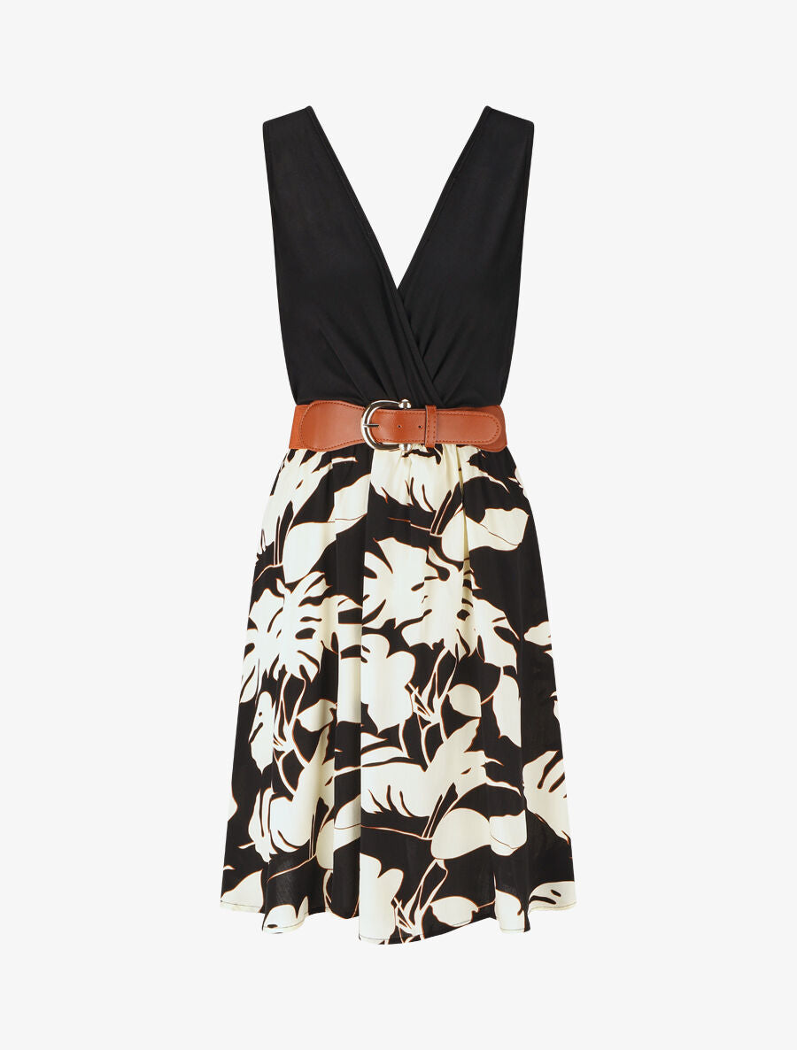 Robe mi-longue sans manches imprimé tropique - Noir - 1