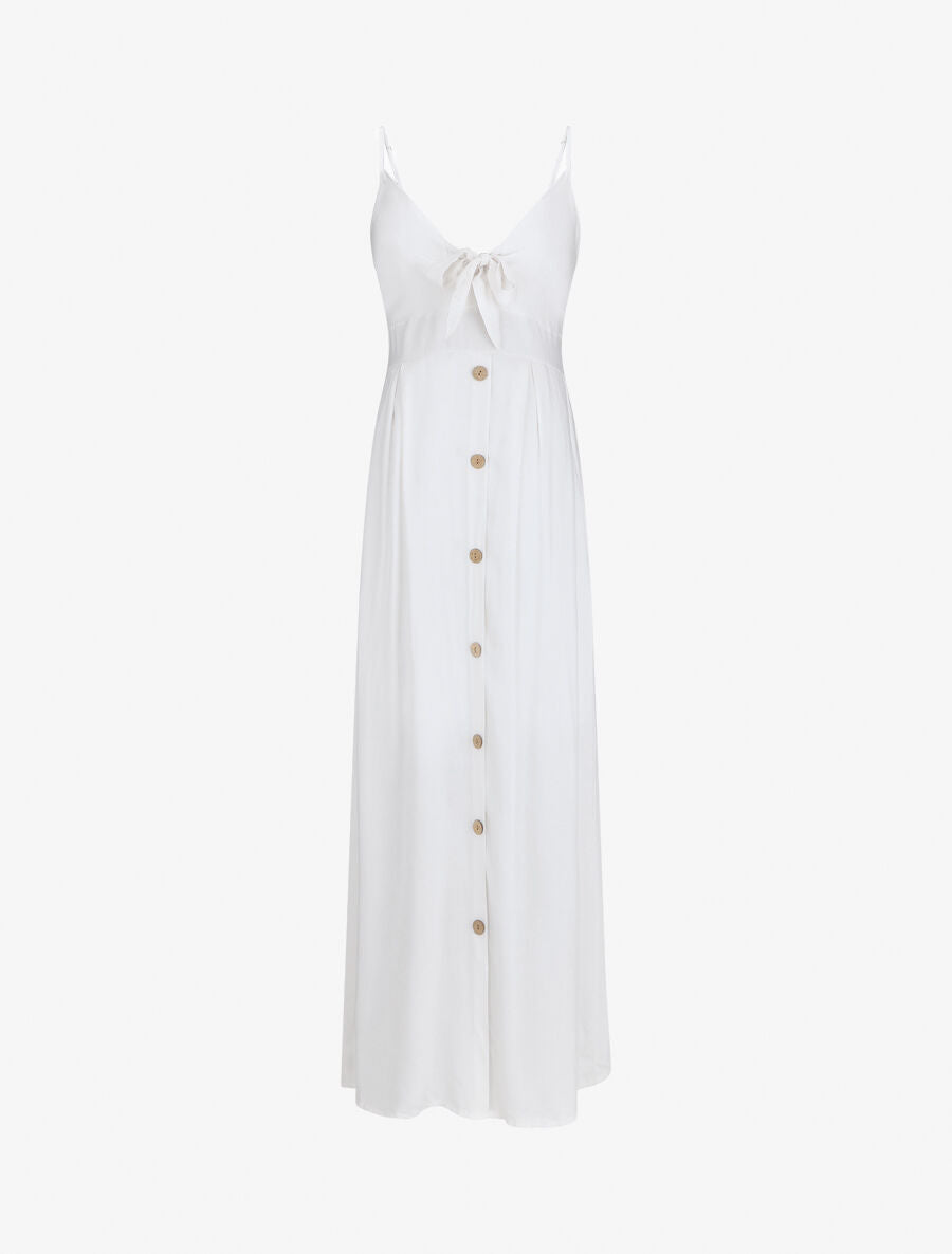 Robe longue unie à boutons décoratifs - Blanc - 4