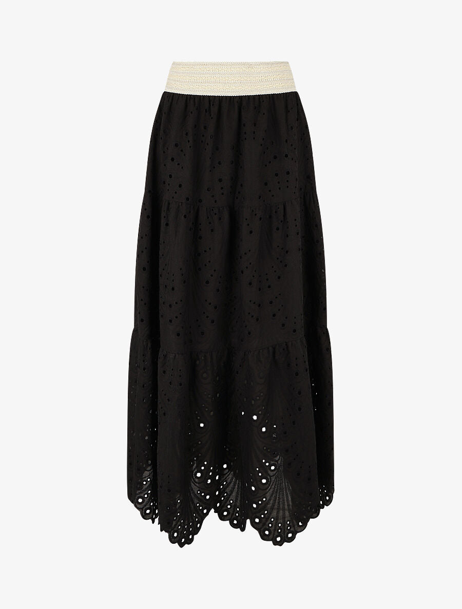 Jupe taille haute ajourée - Noir - 1