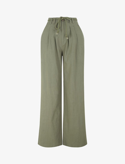 Pantalon large élastiqué effet lin - Kaki - 1