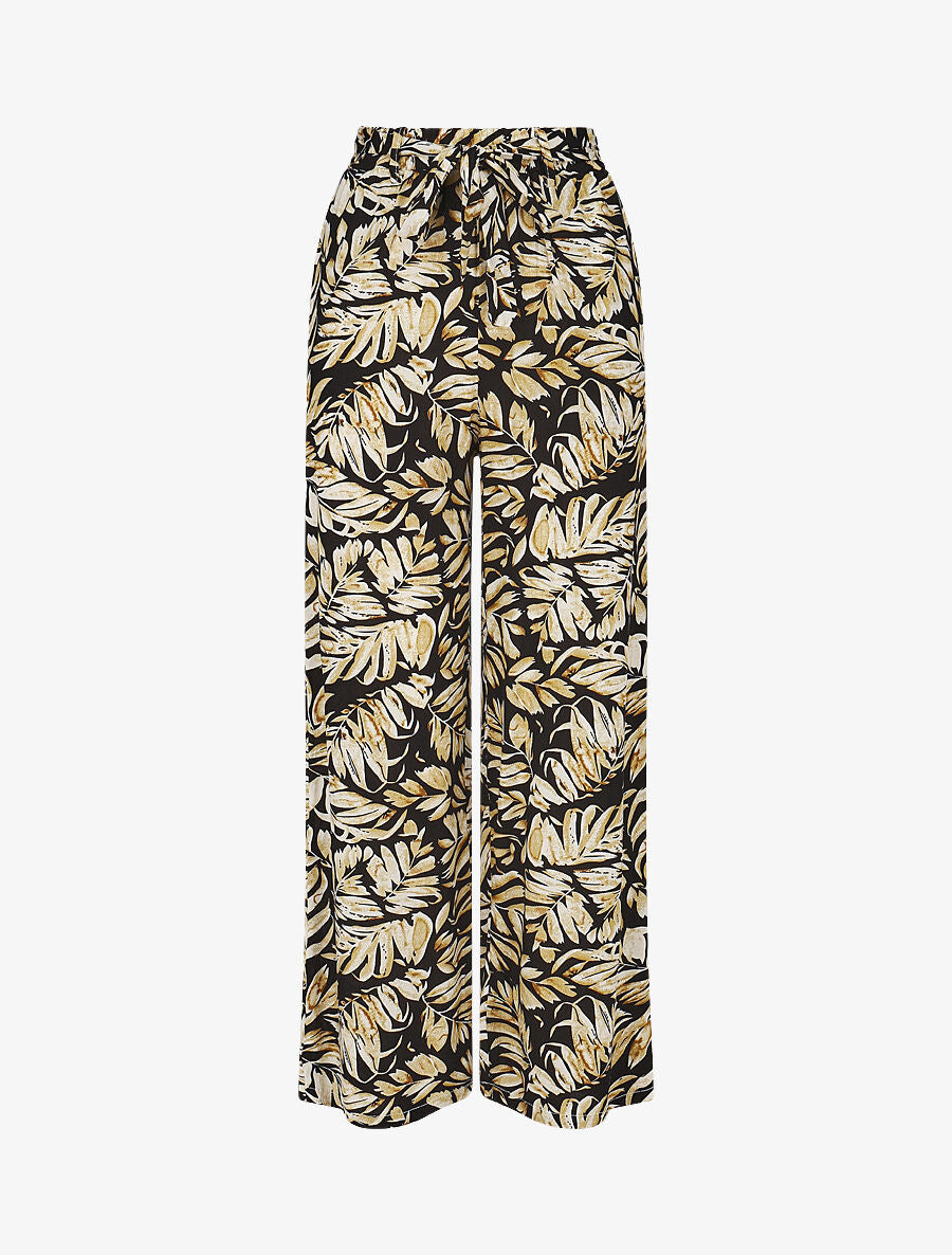 Pantalon fluide élastiqué imprimé feuilles - Noir - 1