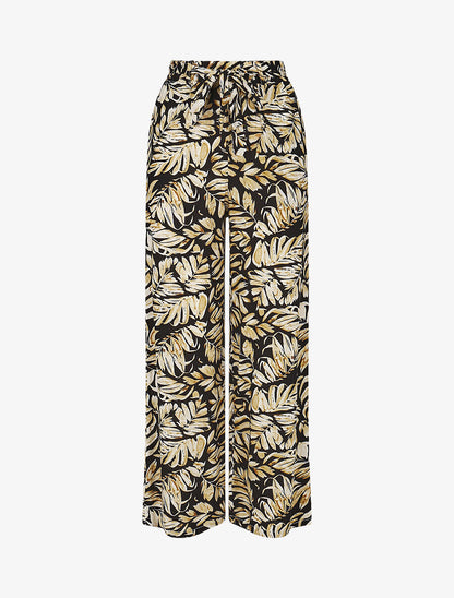 Pantalon fluide élastiqué imprimé feuilles - Noir - 1