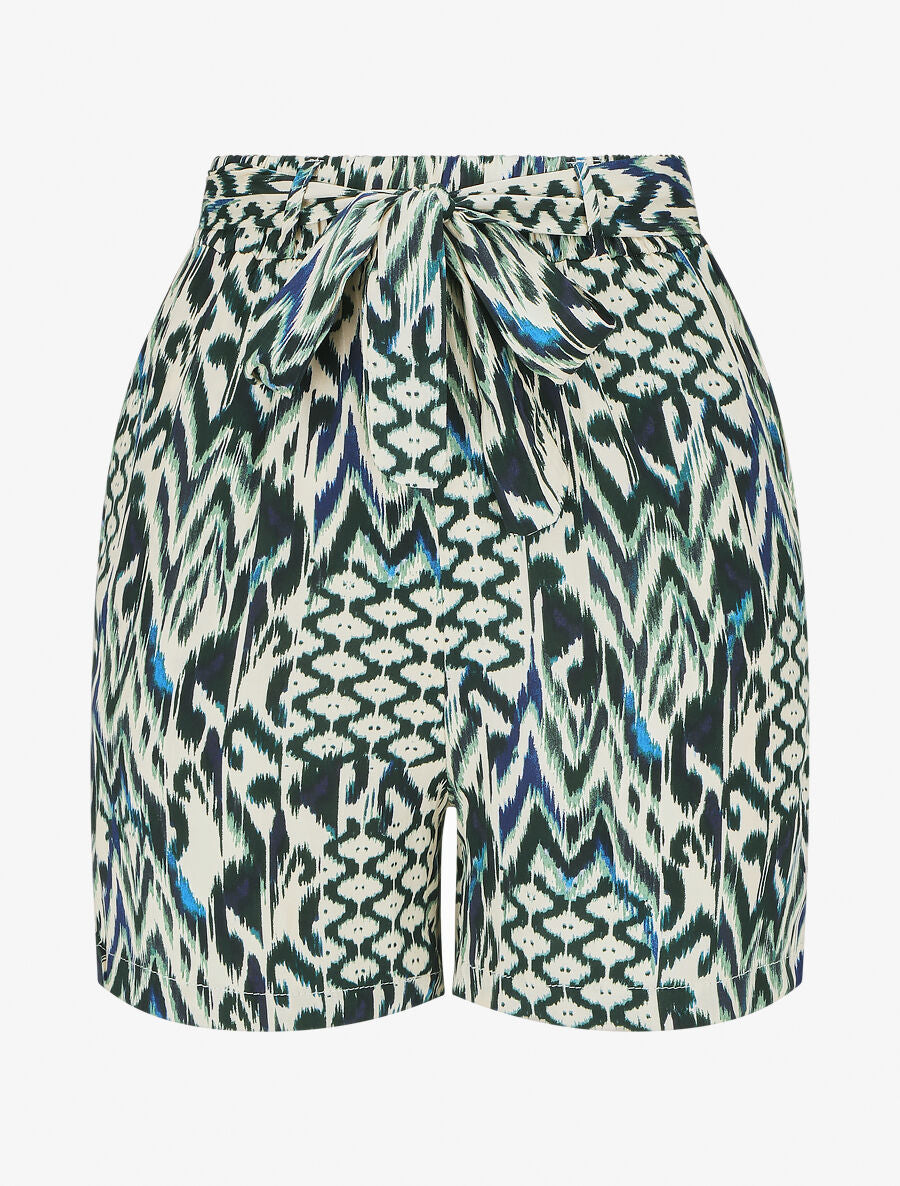 Short fluide imprimé abstrait et ceinturé - Vert - 1