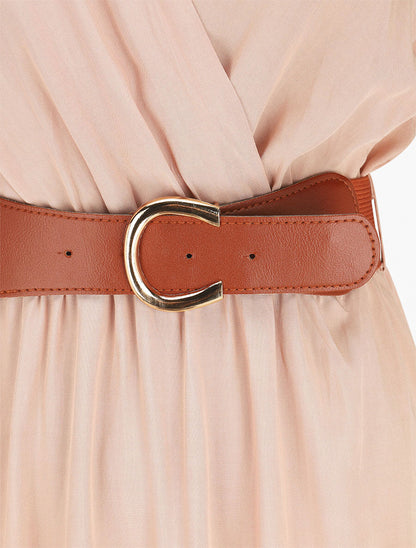 Robe longue unie manches courtes - Beige rosé - 3