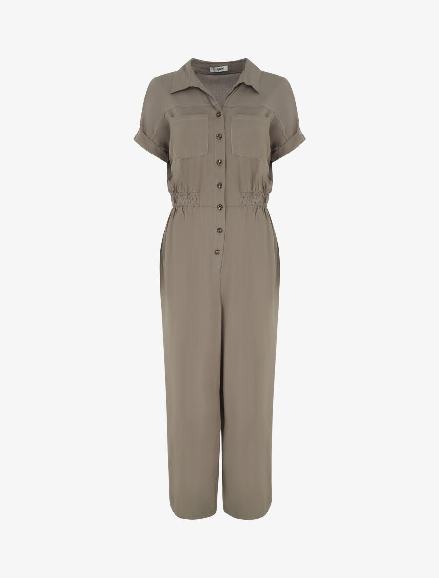 Combinaison ample style chemise manches courtes - Kaki - 1