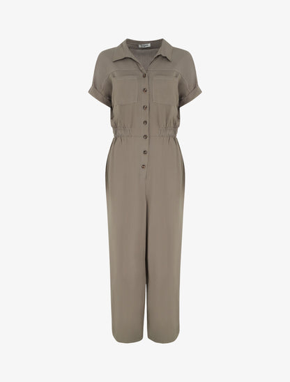 Combinaison ample style chemise manches courtes - Kaki - 1