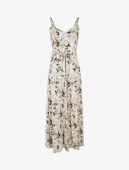 Robe longue évasée à fines bretelles imprimé tropical - Noir/kaki - 6