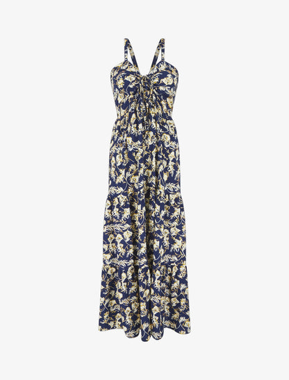 Robe longue évasée imprimé fleur irisé à bretelles - Marine - 4