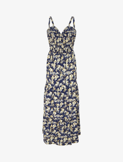 Robe longue évasée imprimé fleur irisé à bretelles - Marine - 2