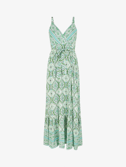 Robe longue évasée imprimé arabesque fleuri à bretelles - Vert - 1